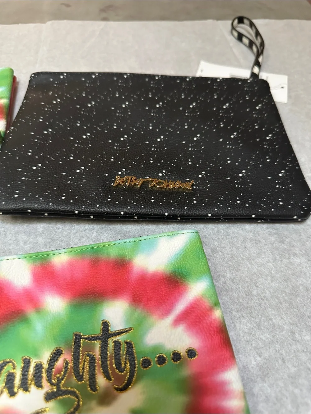 Betsey Johnson Green Red White Tie-Dye Cosmetic Pouch Trio